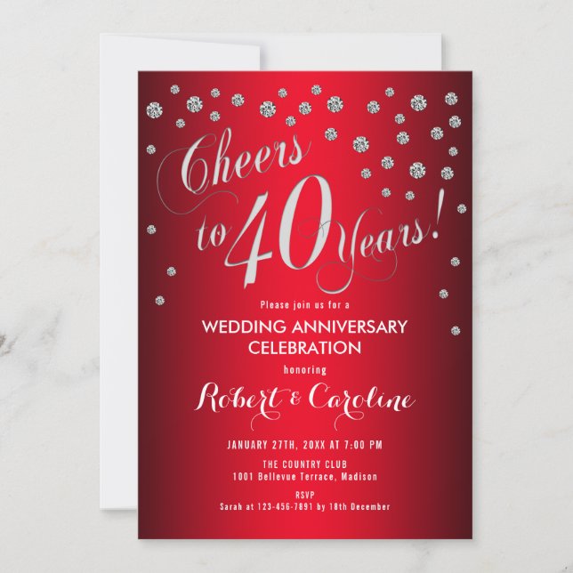 Invitación 40° aniversario Boda - Rojo y Plata (Anverso)