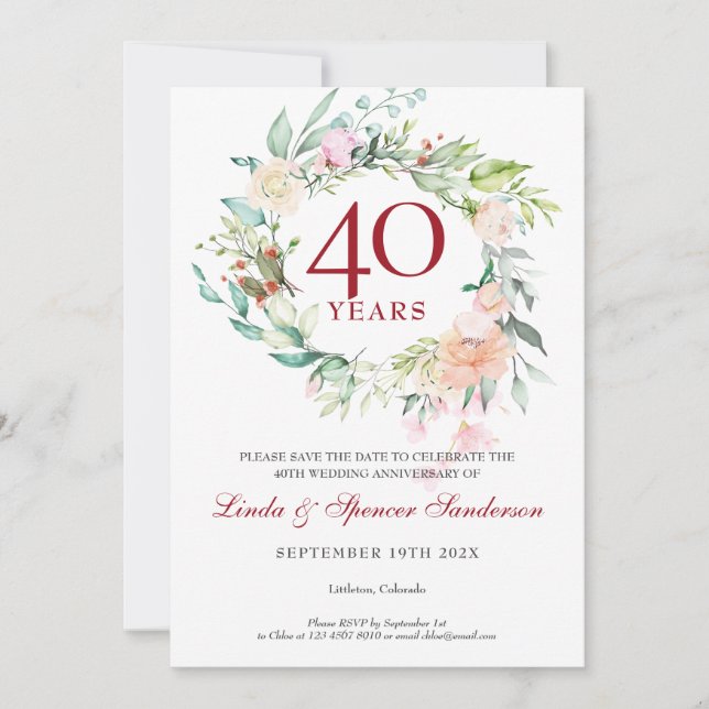 Invitación 40° aniversario Boda Salven la fecha floral (Anverso)