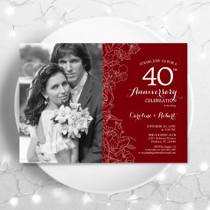 Invitación 40 Aniversario con foto floral rojo rubí blanco