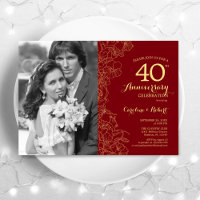 40 Aniversario Con Foto Floral Rubí Rojo Dorado