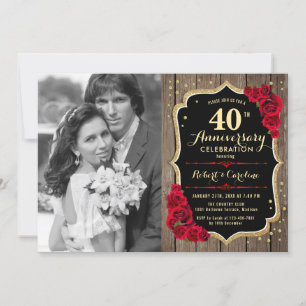 Invitación 40 Aniversario con Foto - Madera y Rosas Rojas