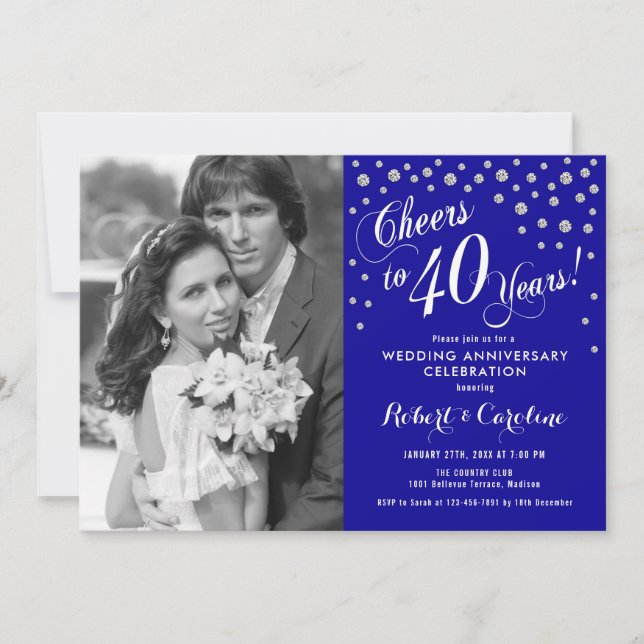Invitación 40 Aniversario con foto - Plata azul zafiro (Anverso)