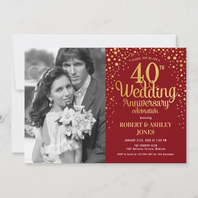Invitación 40 Aniversario con Foto - Rojo Dorado (Anverso)