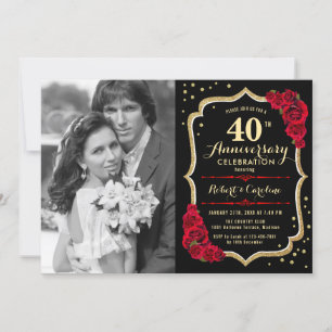 Invitación 40 Aniversario con Foto - Rosas Rojas Oro Negro