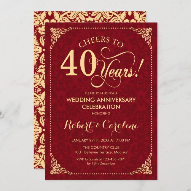 Invitación 40 Aniversario de Boda - Damasco Oro Rojo Rubí (Anverso / Reverso)