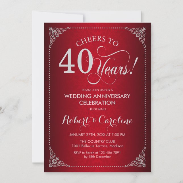 Invitación 40 Aniversario de Boda - Damasco Rojo Plateado (Anverso)