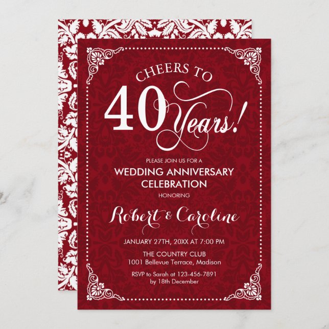 Invitación 40 Aniversario de Boda - Damasco Rojo Rubí Blanco (Anverso / Reverso)