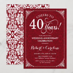 Invitación 40 Aniversario de Boda - Damasco Rojo Rubí Blanco