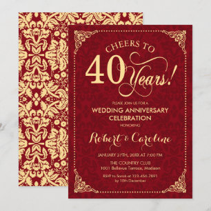 Invitación 40 Aniversario de Boda - Damasco Rojo Rubí Dorado