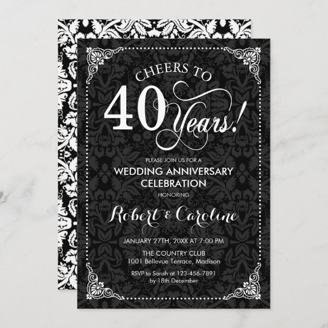 Invitación 40 Aniversario de Boda - Damask Blanco Negro (Anverso / Reverso)