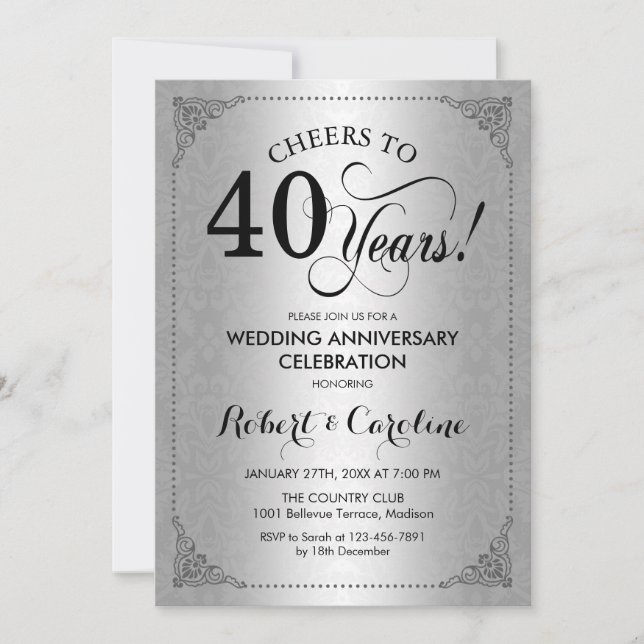 Invitación 40 Aniversario de Boda - Damask Negro Plateado (Anverso)