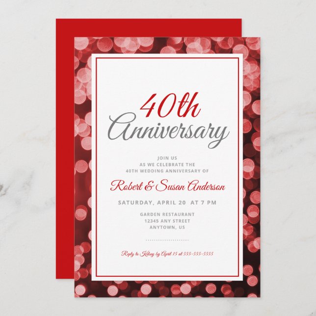 Invitación 40 Aniversario de Boda | Elegante Bokeh Rojo (Anverso / Reverso)