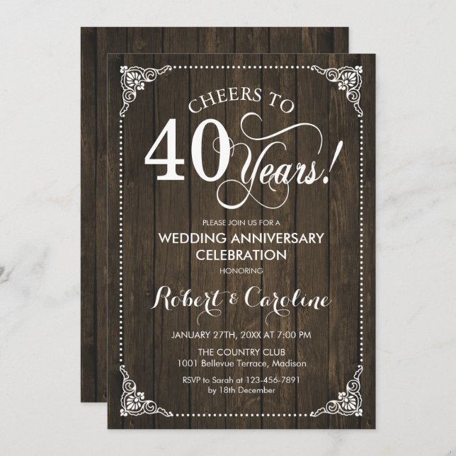 Invitación 40 Aniversario de Boda - Madera (Anverso / Reverso)