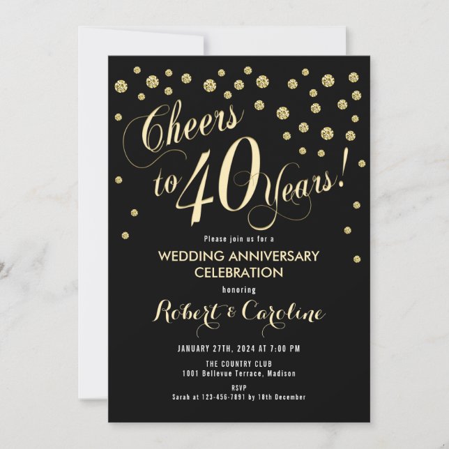 Invitación 40 Aniversario de Boda - Negro y Dorado (Anverso)