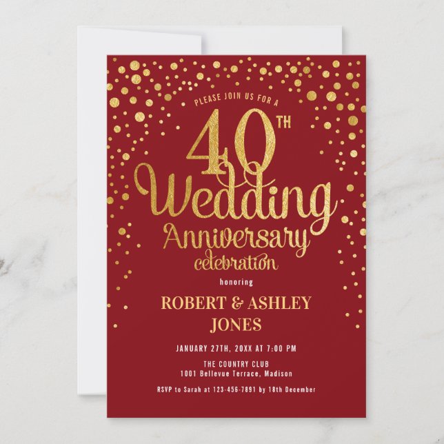 Invitación 40 Aniversario de Boda - Rojo Rubí y Dorado (Anverso)