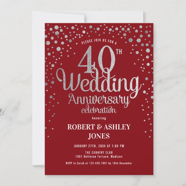 Invitación 40 Aniversario de Boda - Rojo Rubí y Plata (Anverso)