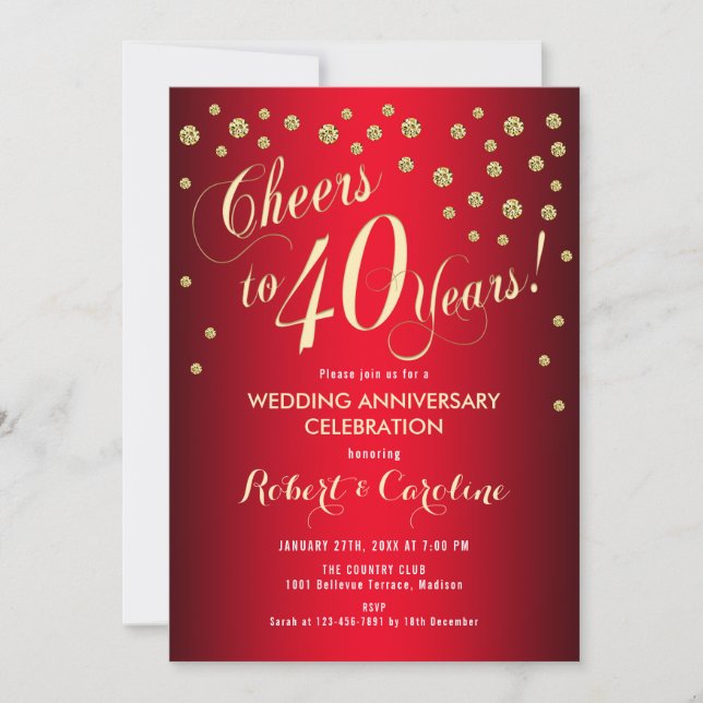 Invitación 40 Aniversario de Boda - Rojo y Dorado (Anverso)
