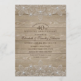 Invitación 40 Aniversario de Boda Rustico Madera Encaje Vinta