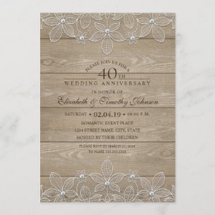 Invitación 40 Aniversario de Boda Rustico Madera Encaje Vinta
