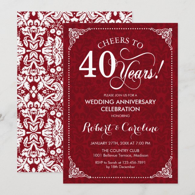 Invitación 40 Aniversario de Bodas - Rojo Rubí Damasco Blanco (Anverso / Reverso)