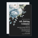 Invitación 40 Aniversario de la Flora Blanca Azul negra<br><div class="desc">Hermosa acuarela azul y blanca sobre la postal de la 40 cumpleaños de las mujeres negras. El texto es totalmente personalizable,  por lo que esta tarjeta se puede diseñar para cualquier edad. Contáctame para obtener ayuda sobre la personalización o para solicitar productos coincidentes.</div>