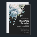 Invitación 40 Aniversario de la Flora Blanca Azul negra<br><div class="desc">Hermosa acuarela azul y blanca sobre la postal de la 40 cumpleaños de las mujeres negras. El texto es totalmente personalizable,  por lo que esta tarjeta se puede diseñar para cualquier edad. Contáctame para obtener ayuda sobre la personalización o para solicitar productos coincidentes.</div>