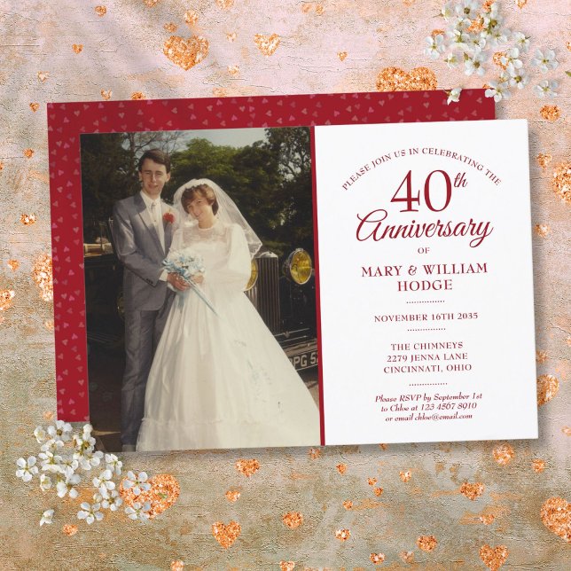Invitación 40° aniversario de la foto del Boda Ruby Heart Con (40th Anniversary Ruby Heart Confetti Wedding Photo Invitation)