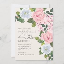 Invitación 40 Aniversario de la mujer pastel rosa floral blan