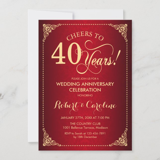Invitación 40° Aniversario del Boda - Damasco de oro rojo (Anverso)