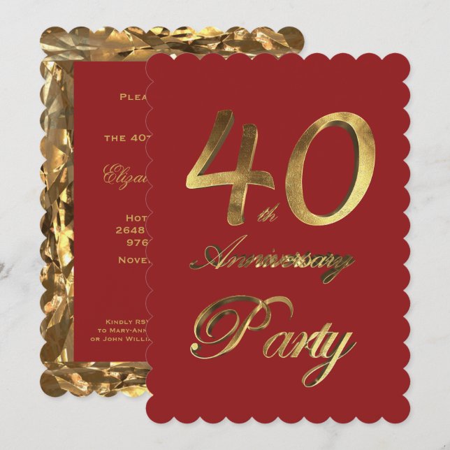 Invitación 40 Aniversario del Oro Rojo Elegante (Anverso / Reverso)