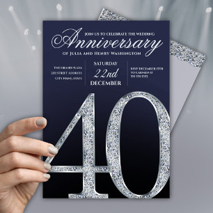 Invitación 40 Aniversario Diamante Plateado Azul Marino Moder