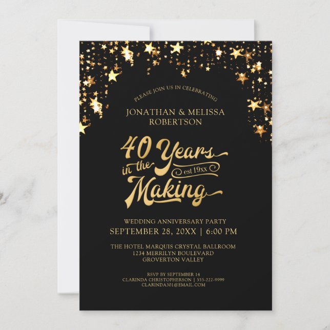 Invitación 40° Aniversario Estrellas Negras y Oro 40 AÑOS (Anverso)