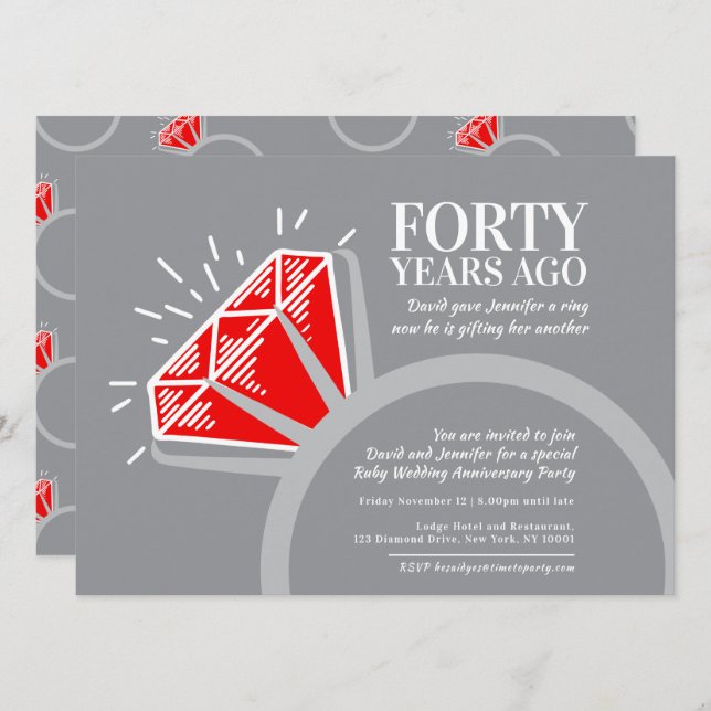 Invitación 40° aniversario fiesta rojo ruby anillo gráfico (Anverso / Reverso)