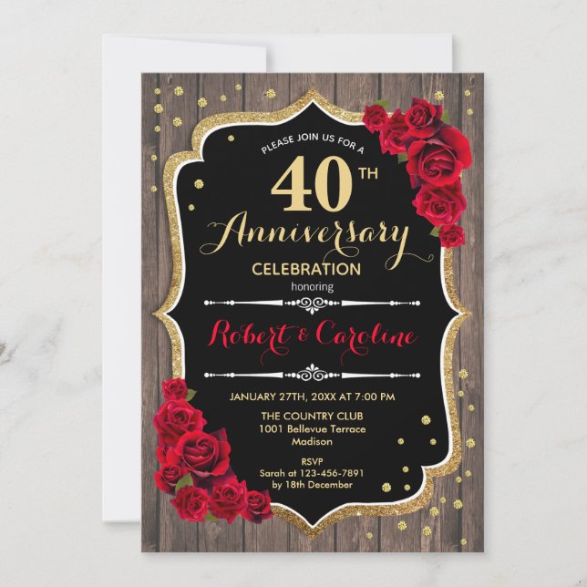 Invitación 40 Aniversario - Madera Roja Dorada (Anverso)