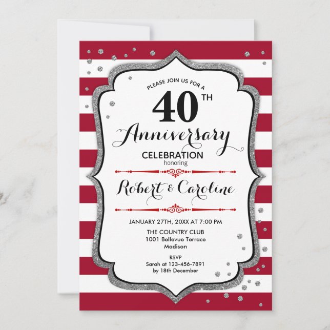Invitación 40 Aniversario - Rojo Rubí Blanco Plateado (Anverso)