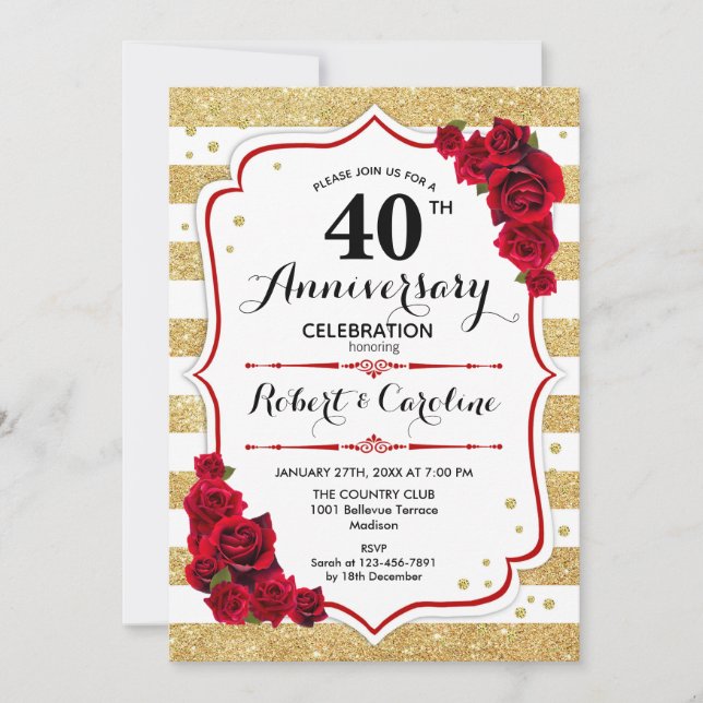 Invitación 40° Aniversario - Rosas rojas blancas de oro (Anverso)