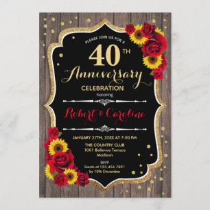 Invitación 40 Aniversario - Rosas Rojas Girasoles Madera