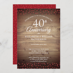 Invitación 40° Aniversario Ruby Love Hearts Rustic Wood
