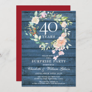 Invitación 40° Aniversario Sorpresa Fiesta Floral Azul Rústic