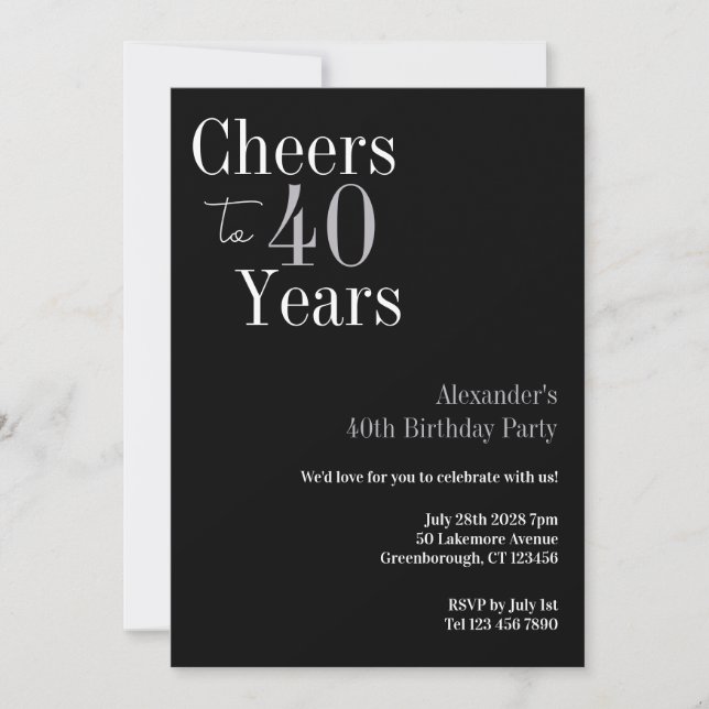 Invitación 40 Años de Cumpleaños Saludos 40 Años Fiesta de Pl (Anverso)