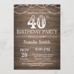 Invitación 40.as luces rústicas de la secuencia de la<br><div class="desc">40.a invitación rústica del cumpleaños con los antecedentes de madera rústicos. Luces de la secuencia. Vintage del país retro. Cumpleaños adulto. Cumpleaños masculino de los hombres o de las mujeres. Para el arreglo para requisitos particulares adicional, haga clic por favor el "personalizar él" botón y utilice nuestra herramienta de diseño...</div>