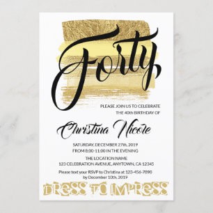 Invitación 40 Ataques con cepillo de oro Glam Birthday Party 