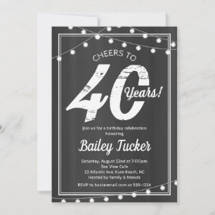Invitación 40° Birthday String Lights on Chalkboard