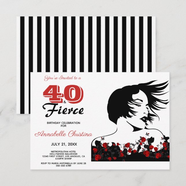 Invitación 40 cumpleaños 40 y FIERCE negro/blanco/rojo modern (Anverso / Reverso)