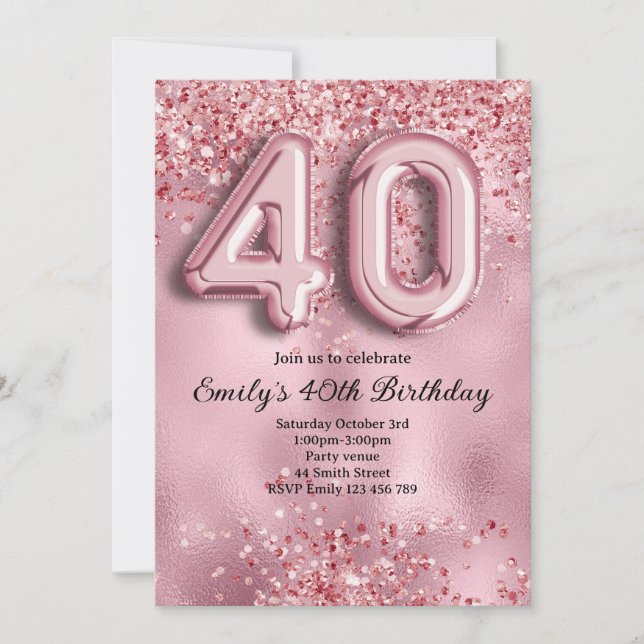 Invitación 40 Cumpleaños Brillo Rosa (Anverso)