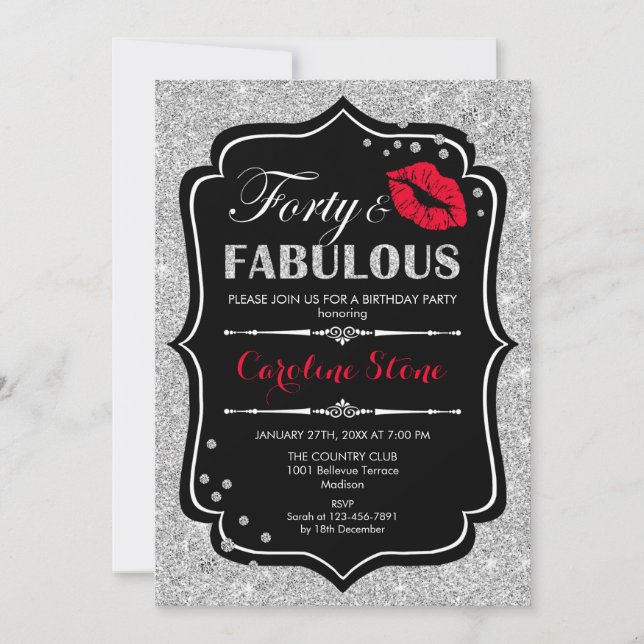 Invitación 40° cumpleaños - Cuarenta fabulosa plata roja negr (Anverso)