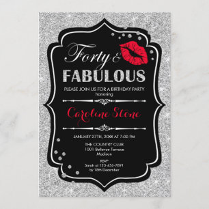 Invitación 40° cumpleaños - Cuarenta fabulosa plata roja negr