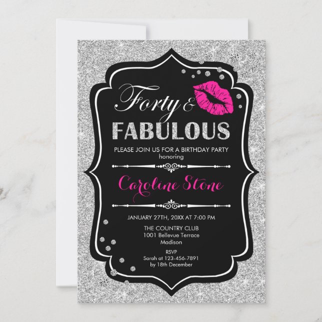 Invitación 40° cumpleaños - Cuarenta fabulosa plata rosada ne (Anverso)