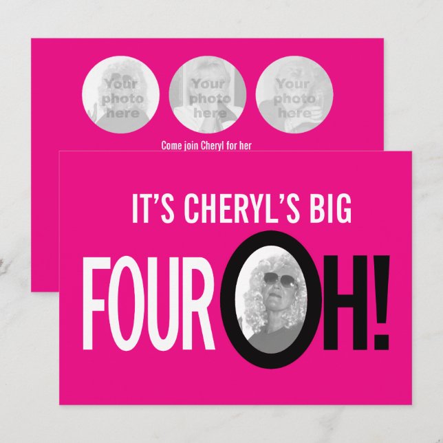 Invitación 40 cumpleaños CUATRO OH! foto paisaje retro rosado (Anverso / Reverso)