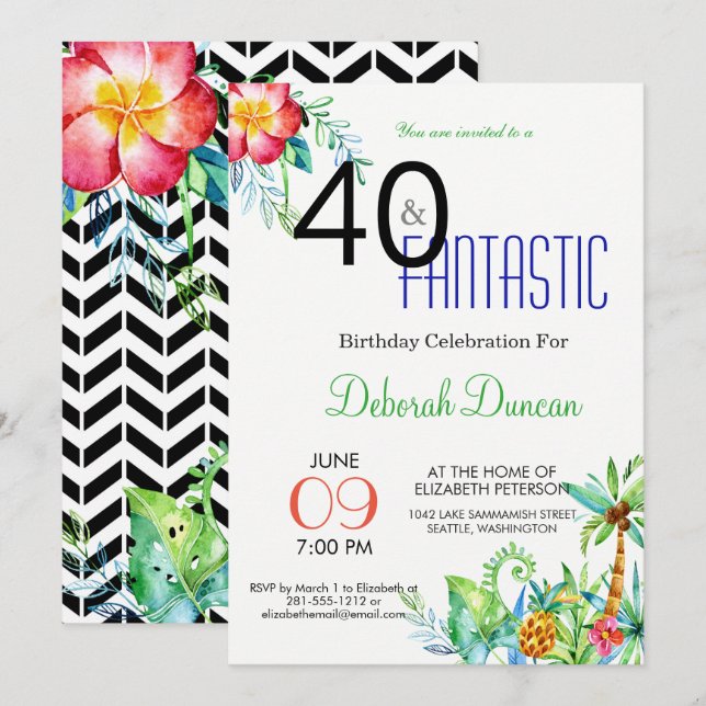 Invitación 40° cumpleaños de la fiesta floral tropical (Anverso / Reverso)